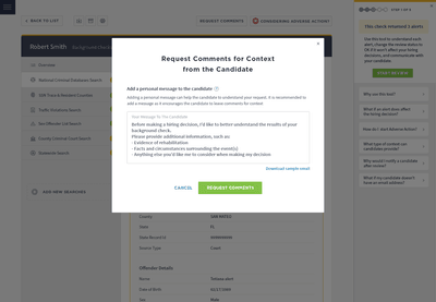 GoodHire dashboard shows how to request a comment from a candidate